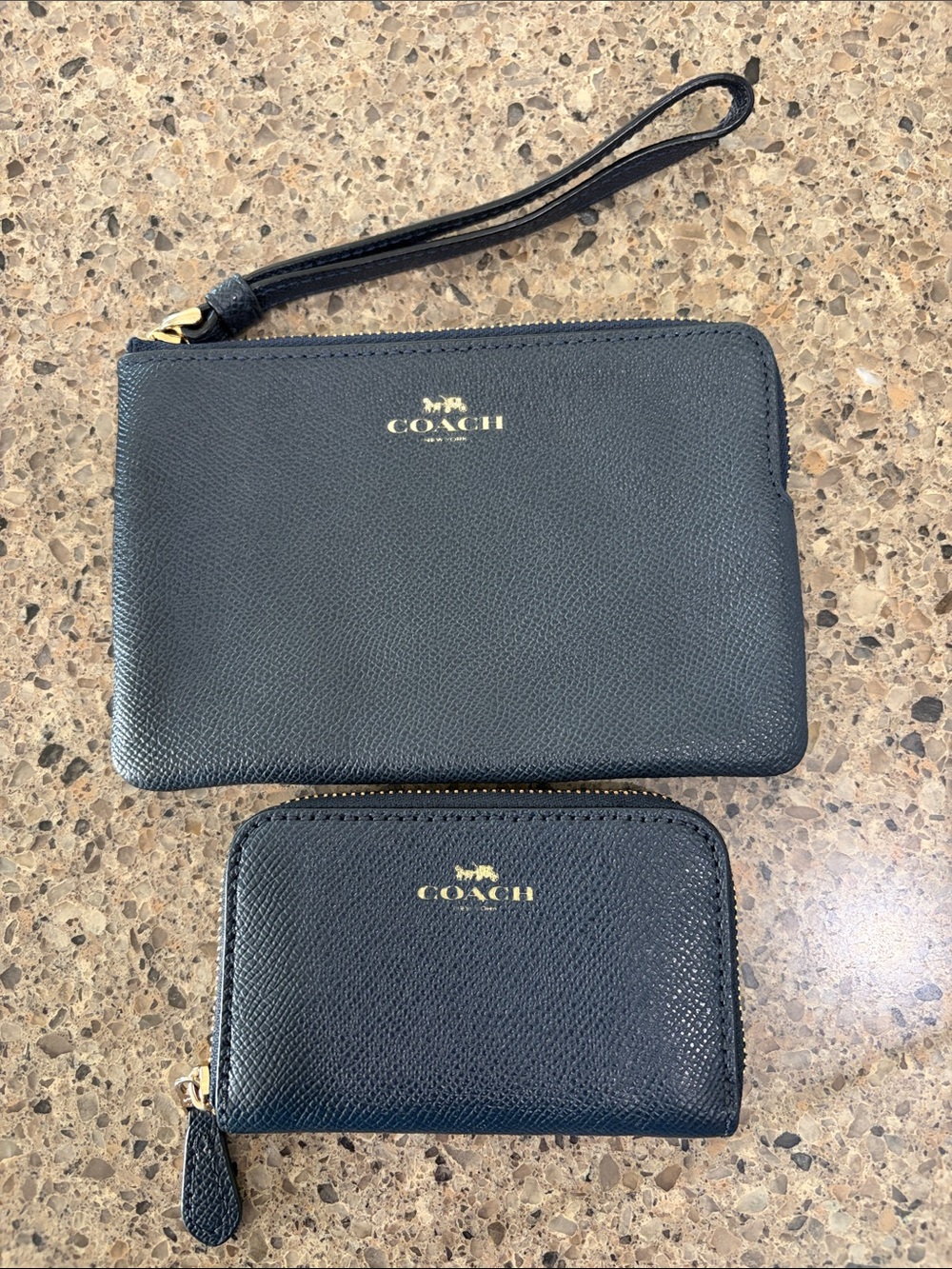 Coach Navy Blue Leather Wristlet and Zip Card Case Set with Gold Logo